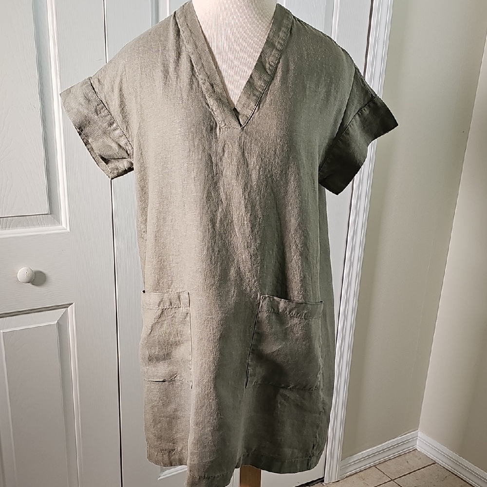 Lou & Grey Olive Green Linen Mini Dress. Sizeā Small. Pockets.